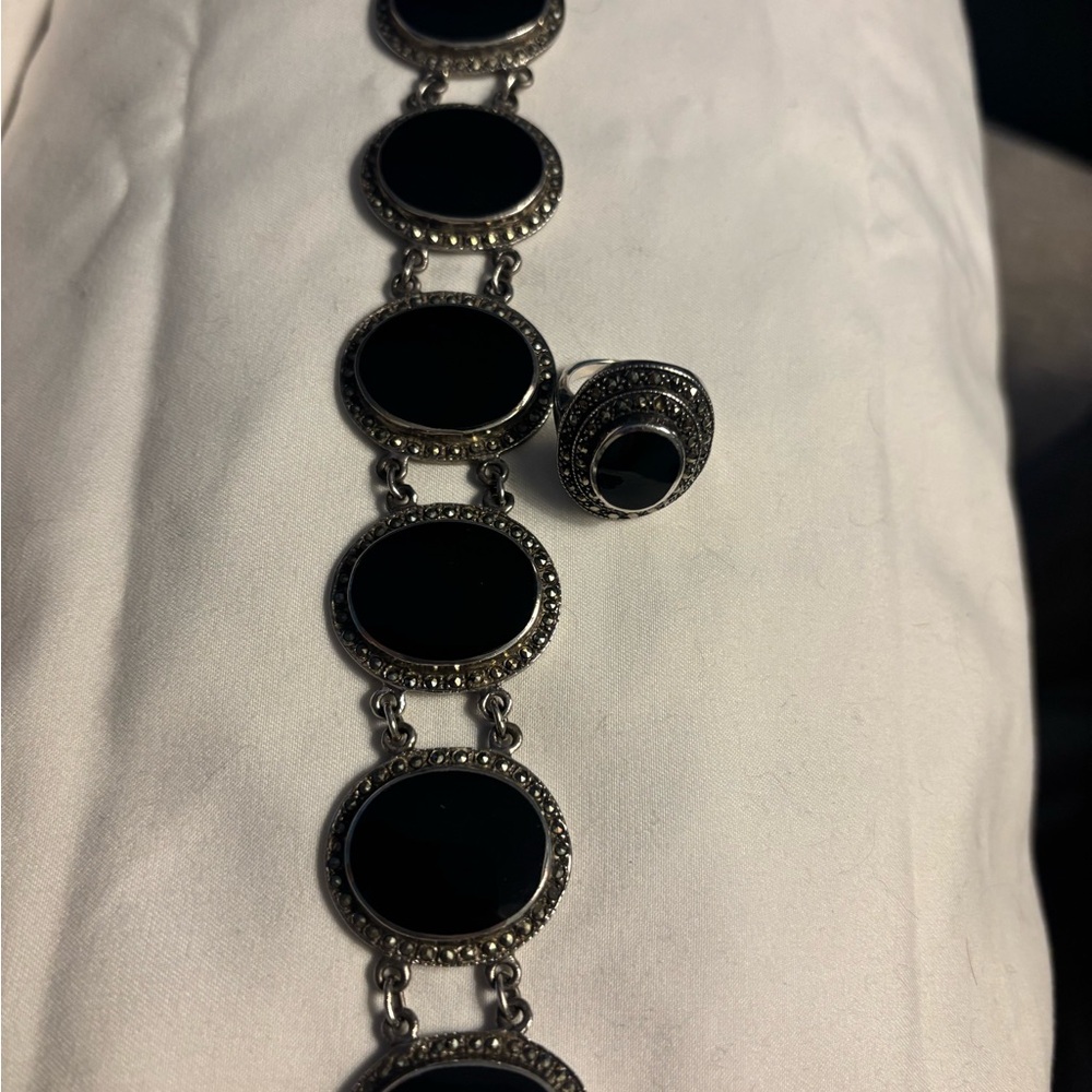 Elegant Black onyx marcasite and Silver Jewelry Set